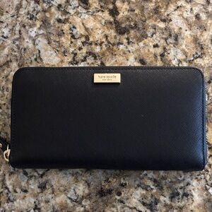 kate spade Black Leather Zip Wallet with Gold Plaque